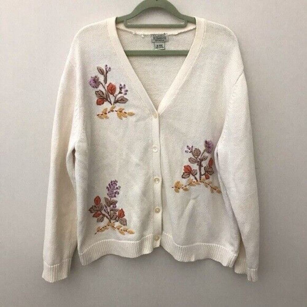 VTG Floral Embroidered Crewel Knit Cardigan Womens Size Large READ